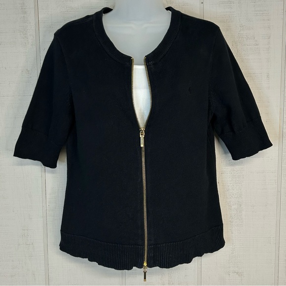 Lauren Ralph Lauren Tops - Lauren Ralph Lauren Knit Top Petite Size M Short Sleeve Zip Up 100% Cotton Black